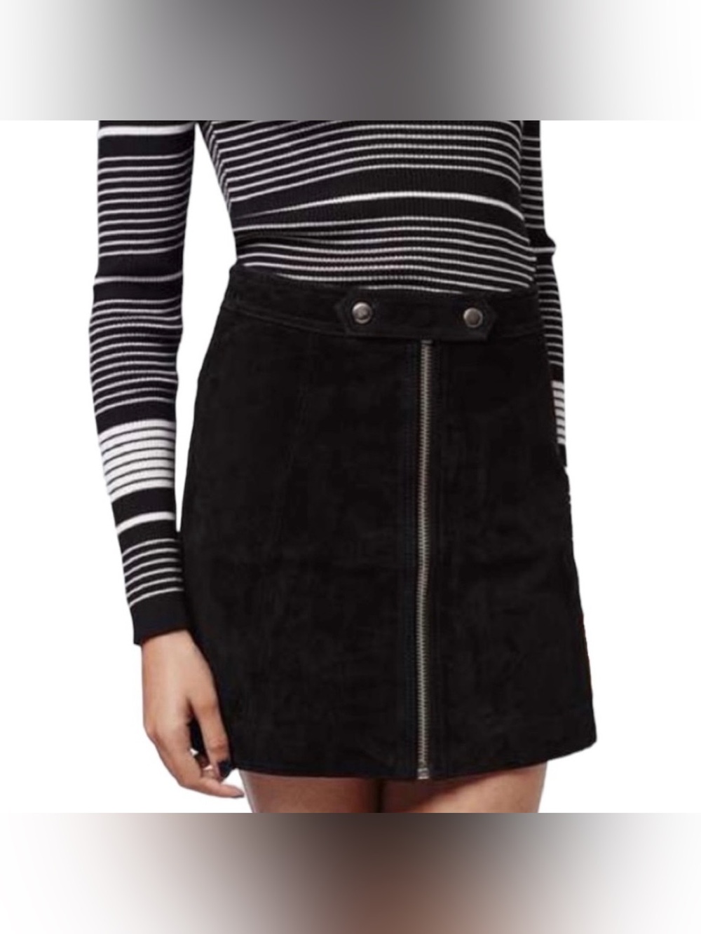 Topshop Real Suede Leather Mini Skirt Black Zip Front Heavy Weight Size US 2